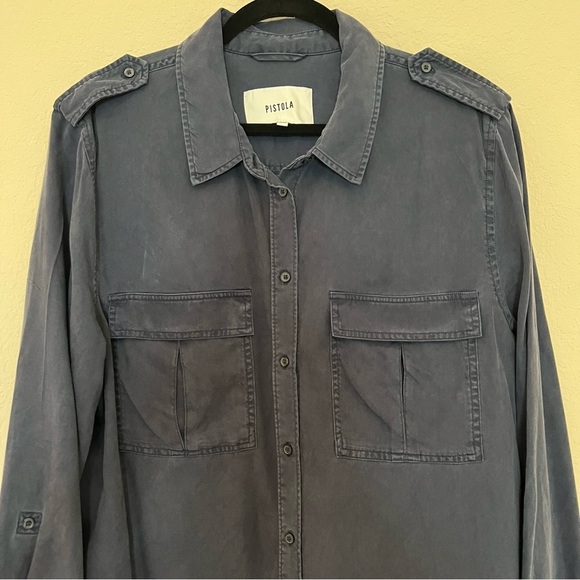 Pistola Revolve Button Down Blouse Top Long Sleeve Navy Blue SZ XXL - Picture 2 of 14